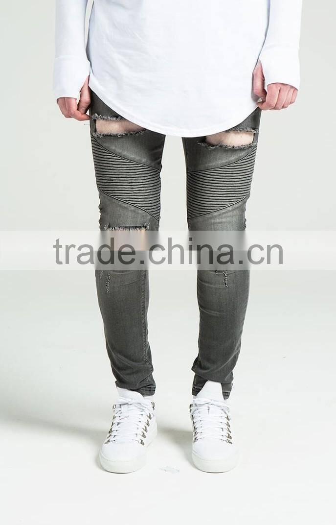 Latest design high quality men 's khaki denim men's strech biker big holes jeans made in china