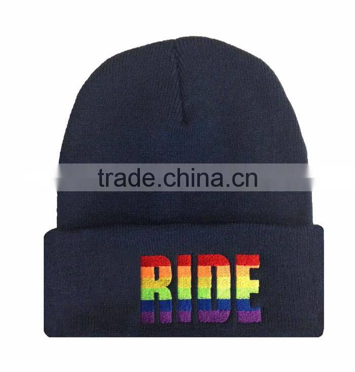 Navy stitching knitted custom acrylic beanie with logo embroidery