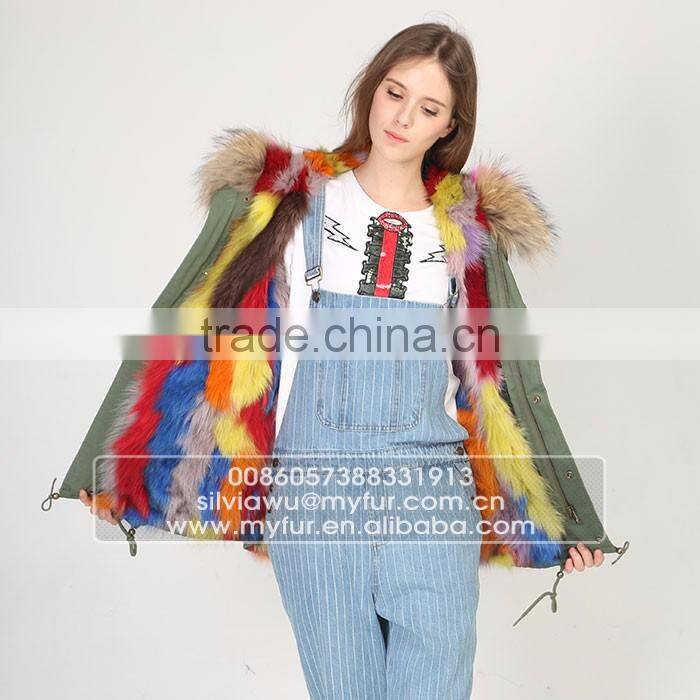 Myfur Fashion Women Parka Jacket with Real Fox Fur Lining and Natural Raccoon Fur Collar Hood
