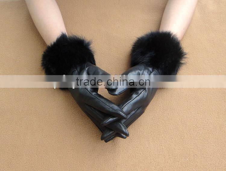 new design high quality rabbit fur lined leather gloves for winter