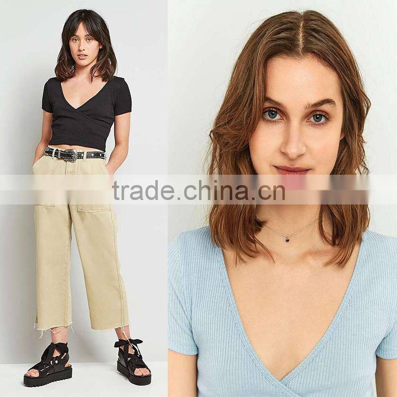 2017 ladies ribbed deep v-neck short sleeves ballet wrap crop cami tops