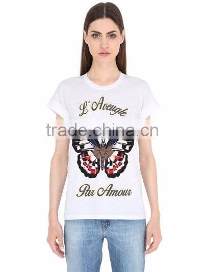 women 100% cotton short sleeve slim fit t-shirt with butterfly printing
