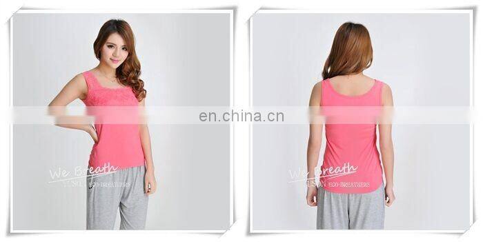 Lace Trim Square Neck Tank Top Bamboo Fiber Ladies Sleeveless Vest