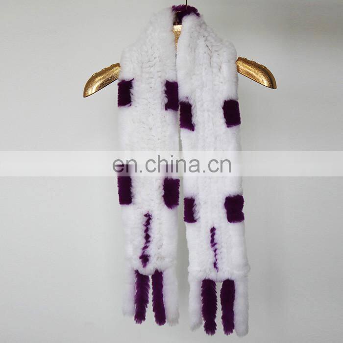 Fashion 2016 Genuine Rabbit Fur Knitted Women Scarf with Fur Trim Tassel