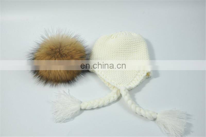 High Quality Knitted Beanies Colorful Big Raccoon Fur Pom Pom Winter Hat Beanie Kids