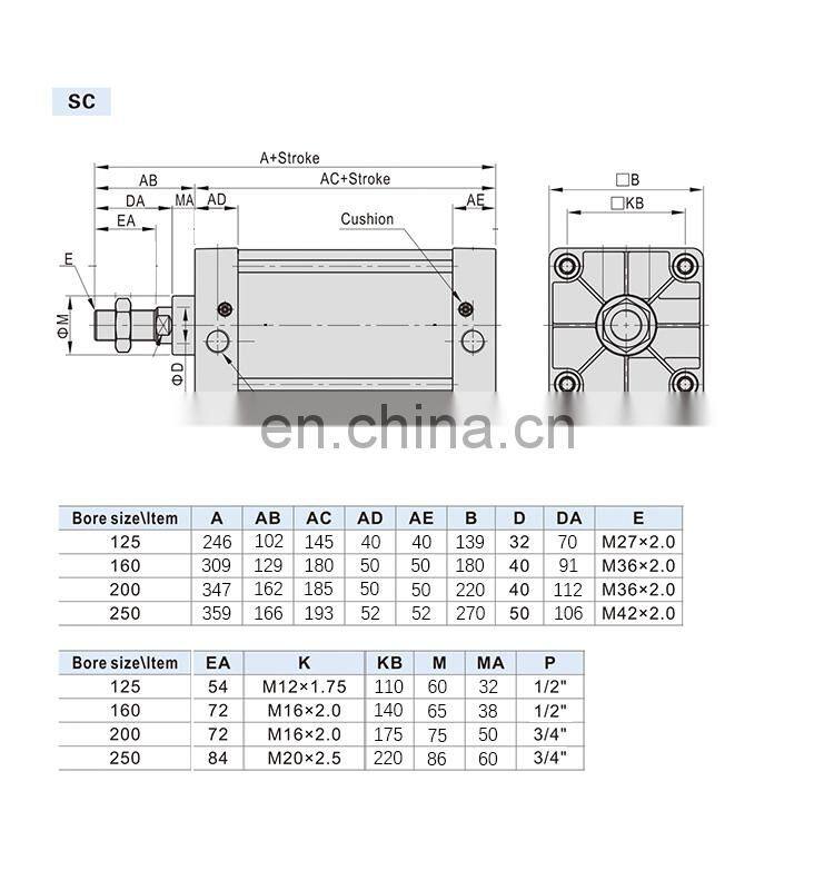 SC40X25 SC40X50 SC40-X100 SC40X150 SC40X200 SC40X250 SC40X300 Air Cylinder double Acting Standard Air Cylinder