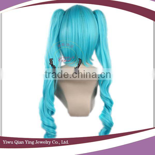 High Quality long blue synthetic Vocaloid cosplay wig with two clip ponytails