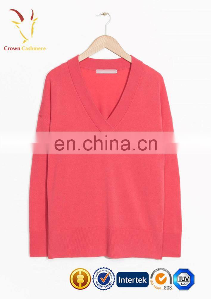 Ladies Sexy Deep V Neck Cashmere Pullover Pink Sweater
