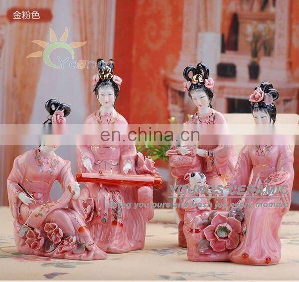 Chinese Hand Maded Ceramic Antique Colorful Beauty Porcelain Figure Statues