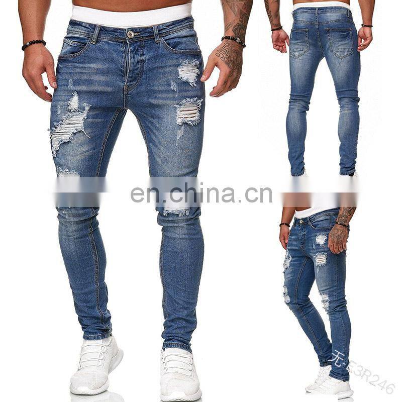 Manufacturers wholesale custom-made holes grind white slim-fit denim trousers fashion slim-fit plus size men's trousers