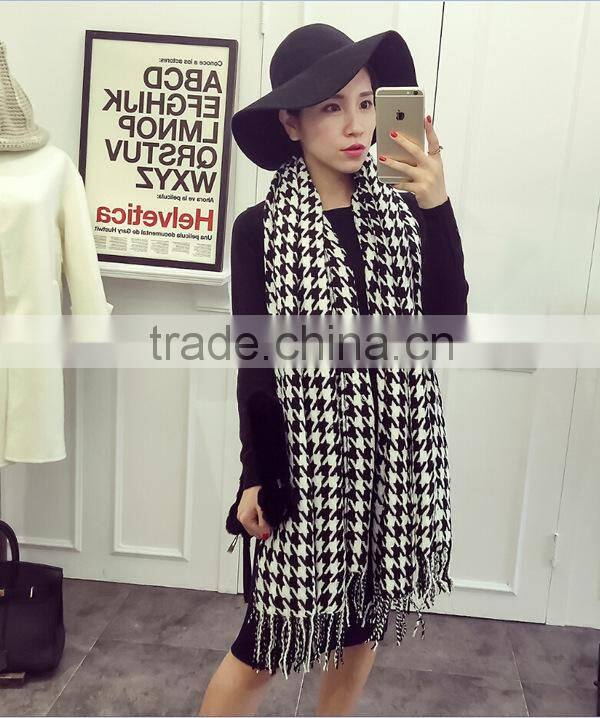 Za Fringed Tassel Houndstooth Jacquard Woven Cashmere Feel Acrylic Scarf