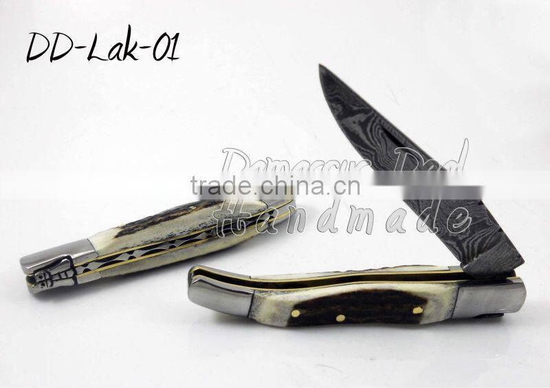 Damascus Steel Laguiole Knife Stag Handle, 10cm and 12cm sizes available