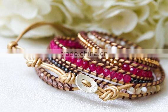 Gold plated Stripe Leather Bracelet with colorful beads
