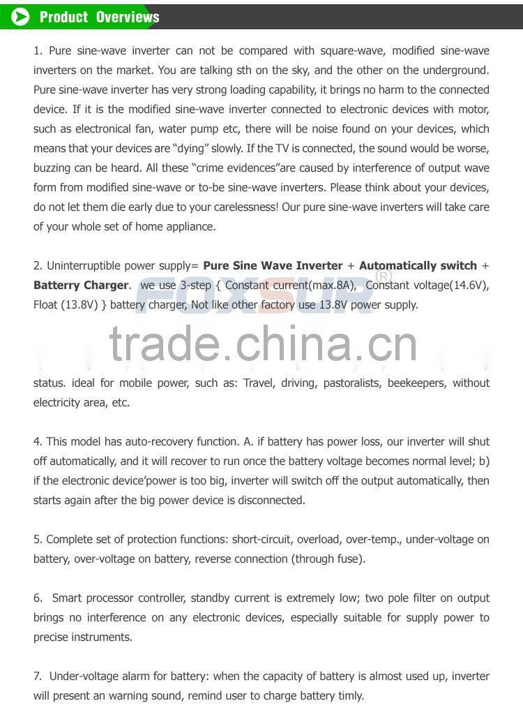 Hot selling Foxsur 1500W industrial 24V dc to 110V AC off grid Best quality Solar panel Pure Sine Wave Inverter with controller