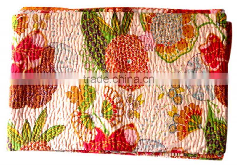 RTHKG-35 Modern bed cover Bird and Floral Prints Elegant Look Indian Traditional Bengali Kantha Gudari Bedspread Whole seller
