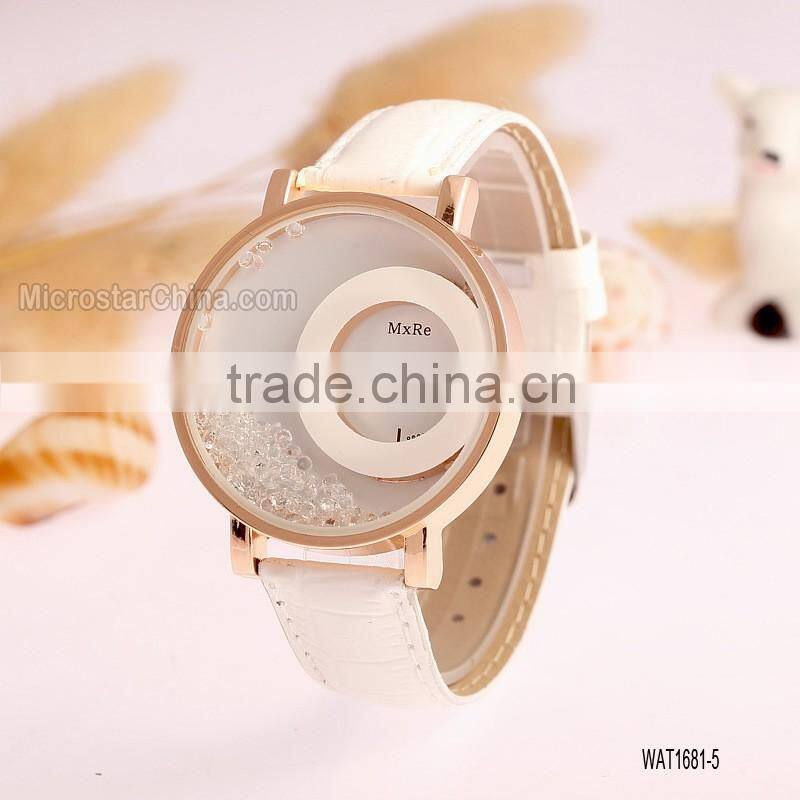 Elegant Women Quicksand Faux Leather Band Bracelet Round Dial Analog Wrist Watch