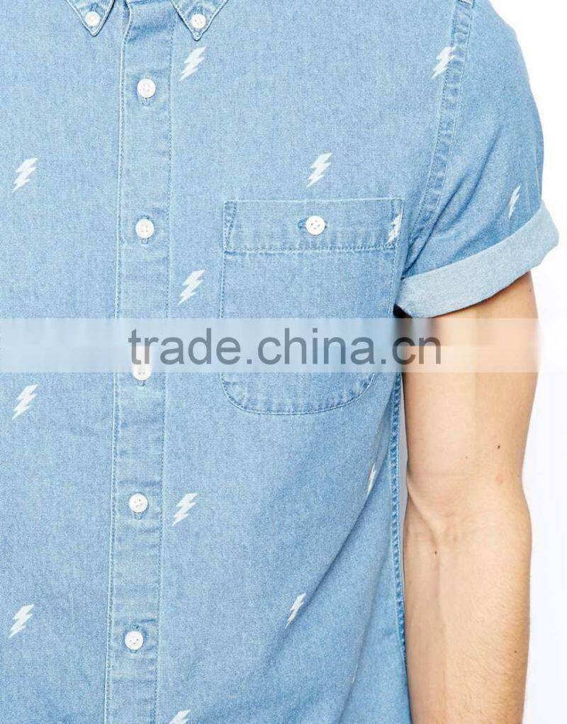 2015 Printed Mens Denim Shirts Short Male Slim Trendy Jeans Clothing (JXW815)