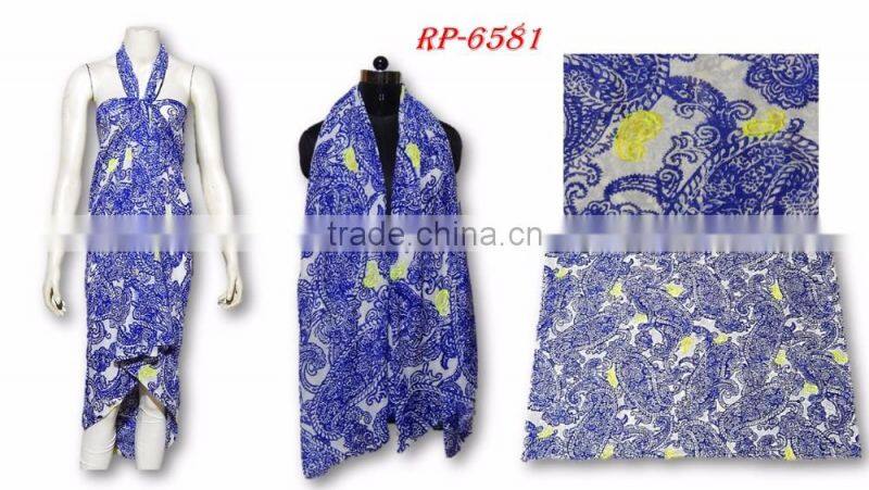 PRINTED SCARVES WITH POMPOM EMBROIDERY SHAWL SCARF PAREO SARONG