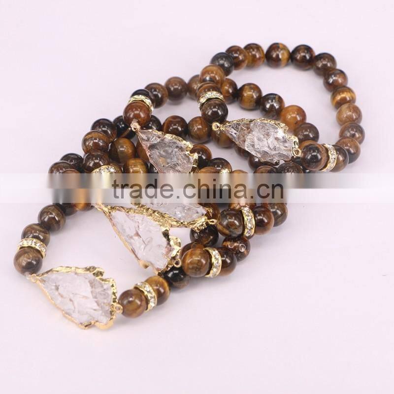 Natural Tiger Eye Beaded Bracelets, Gold Plated Arrow Gem stone Connector Druzy Bracelet