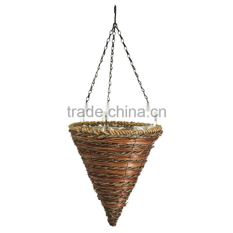 Cheap cone shape naturla wicker woven decorative indoor flower hanging basket