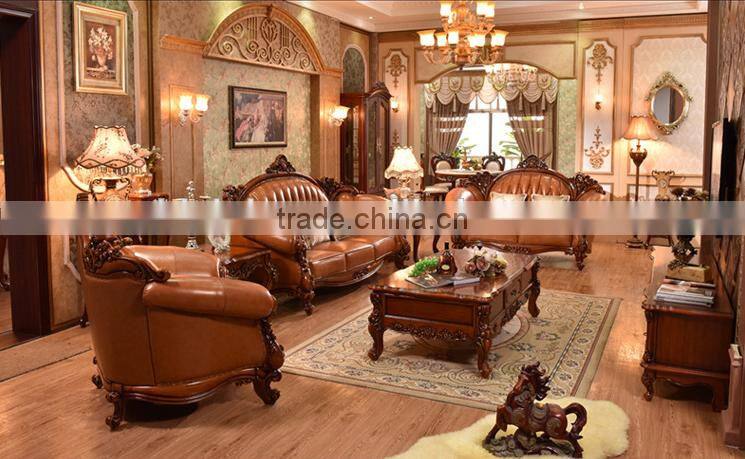 Luxury Chinese style solid wood double hand carving genuine leather sofa set