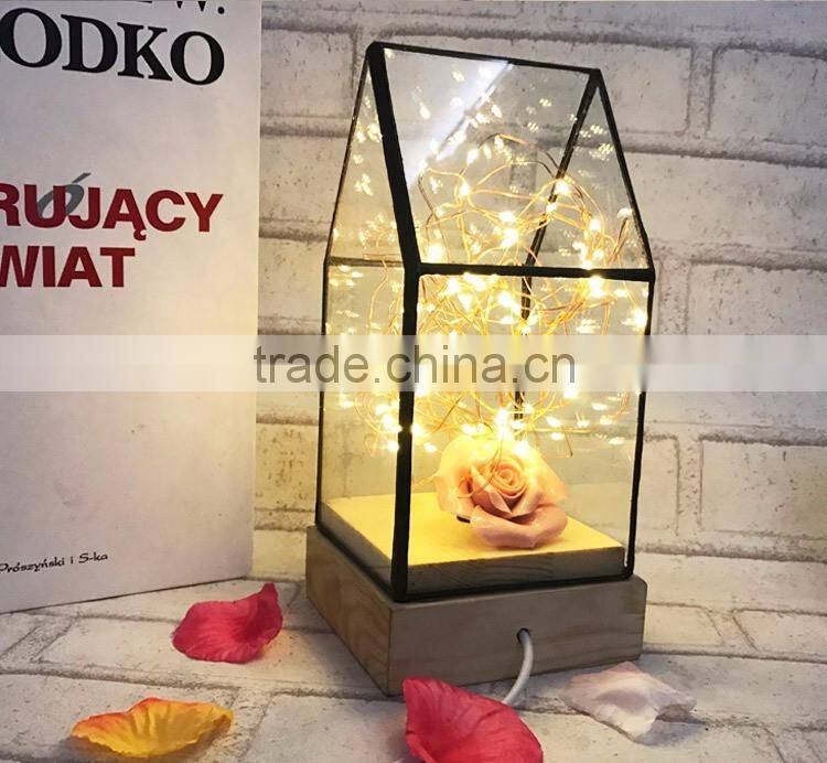 Decorative Glass House Design Night Light, Wooden DIY Fireworks Silver Flower Beautiful Bedding Room Warm Light