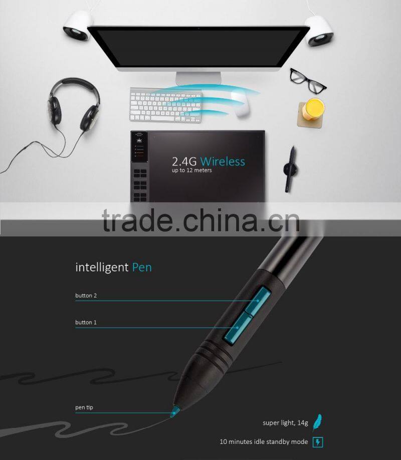 2016 hot sale! Huion giano WH1409 largest wireless graphic drawing tablet digital pen tablet