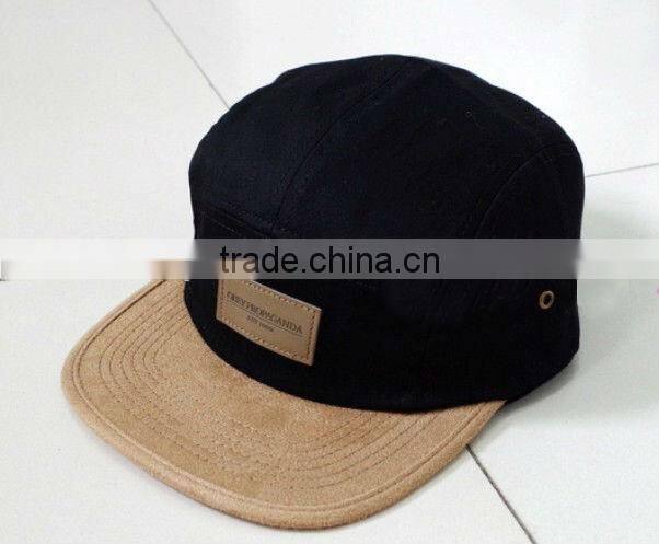 Leather strap suede brim leahter front panel and red melton 5 panel cap