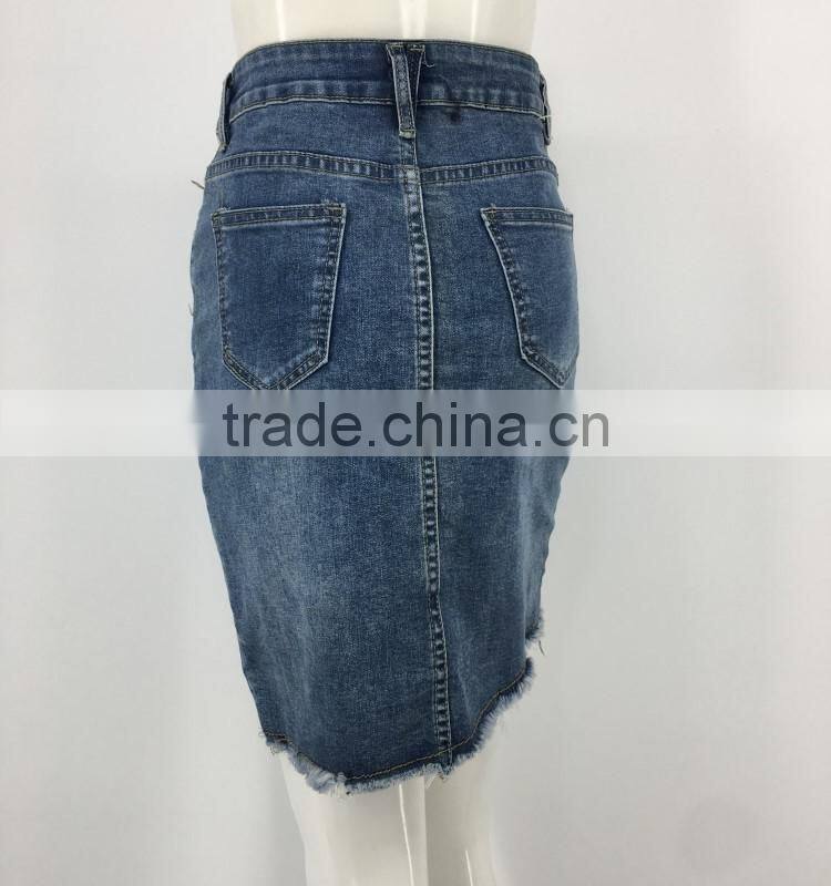 Women OEM frayed hem front botton denim skirt