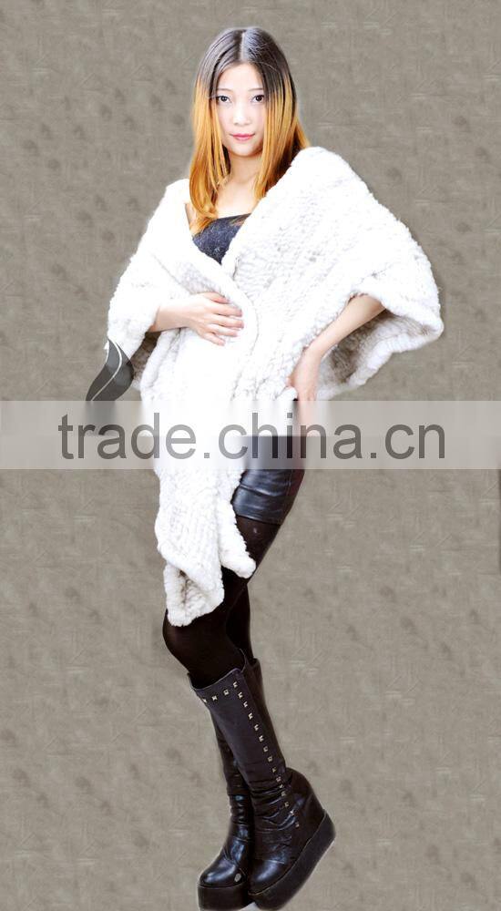 CX-B-28A 2016 Women Elegant White Cape Knitted Fashion Rabbit Fur Shawl