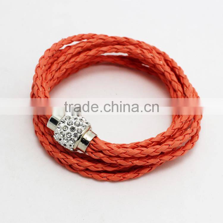 Leather Wrap Wristband Cuff Punk Magnetic Rhinestone Buckle Bracelet Bangle