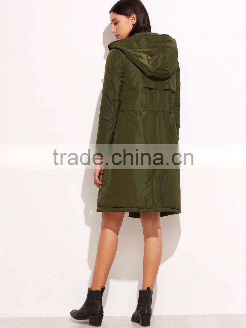 Olive Green Drawstring Parka Jacket Winter Coat With Hooded Cotton Padded Longline Jacket Jacket Custom Made