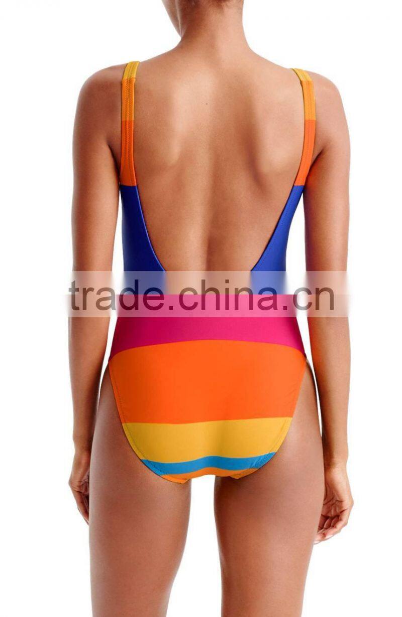 Stripe U Back One Piece Swimsuit Customizable Rainbow Of Stripes Color Blocks Swimsuit 80% Nylon 20% Elastane Lined Ladies Swim
