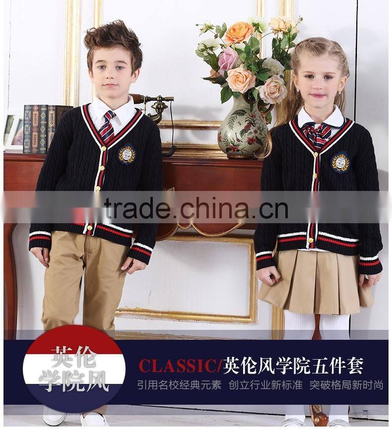 2016 children school V neck buttoned contrasted trims cable knit cardigan uniform sweater