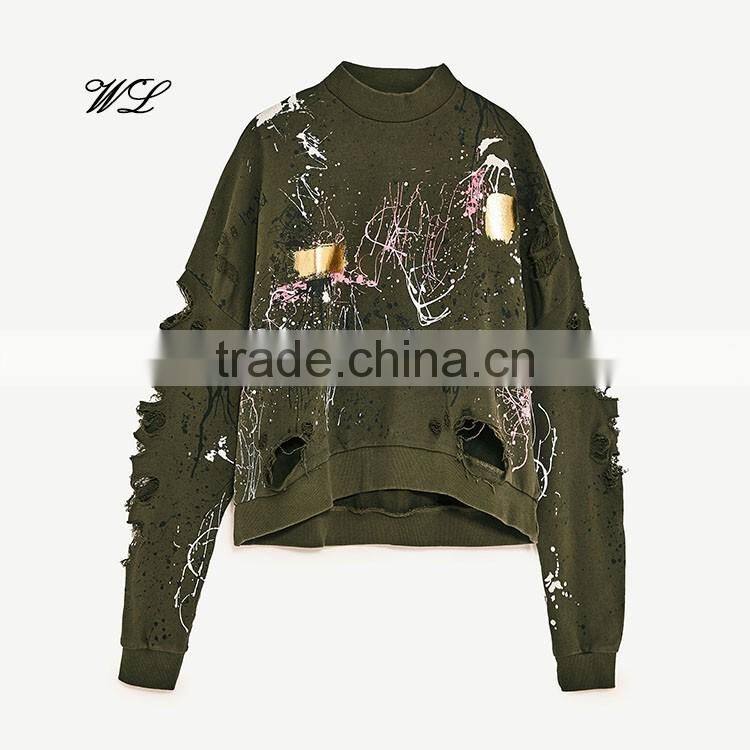 2017 Custom Distress Metallic Printed Lady Pullover Crewneck Plain Knit Fabric Sweatshirts
