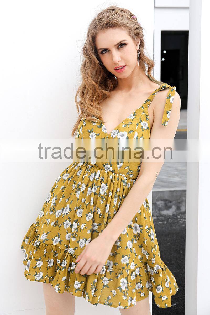 Sexy backless padded print summer dress women Summer v neck beach dresses Boho strap yellow short dress