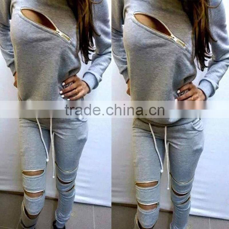 New arrive Womens sexy Zipper Tracksuit Hoodie Sweatshirt+Pants Casual Hip Pop Sportwear