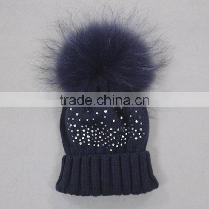Myfur Navy Knitting Beanie Hat with Stones Real Raccoon Fur Ball Top For Teenager Boys