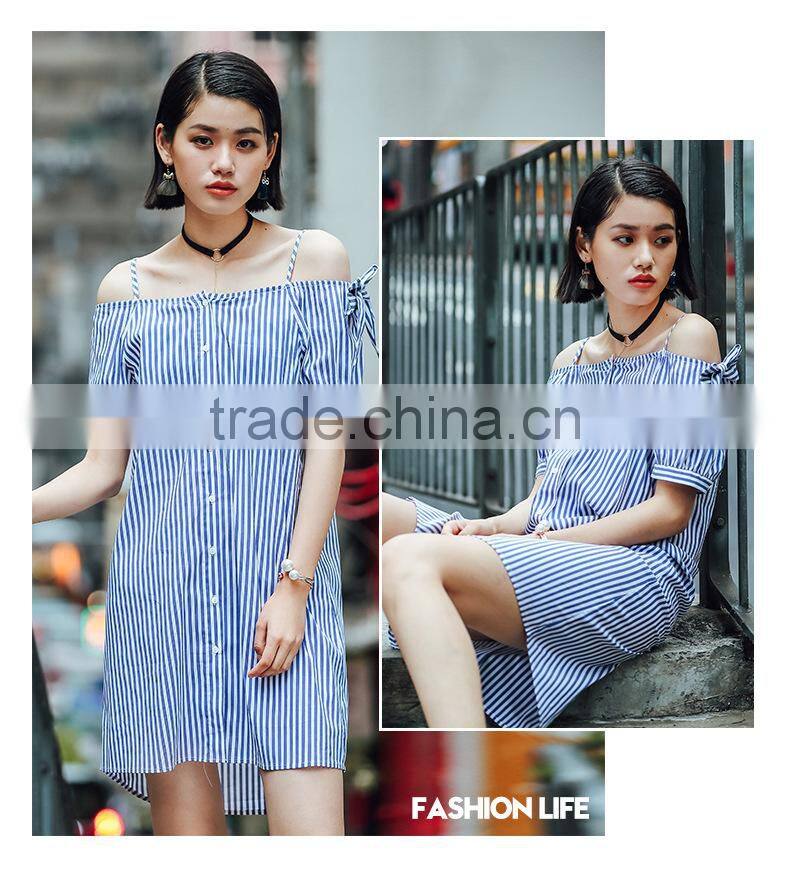Dresses 2017 summer blue stripe one off shoulder dress lazy and comfortable fashion summer street style daily dress