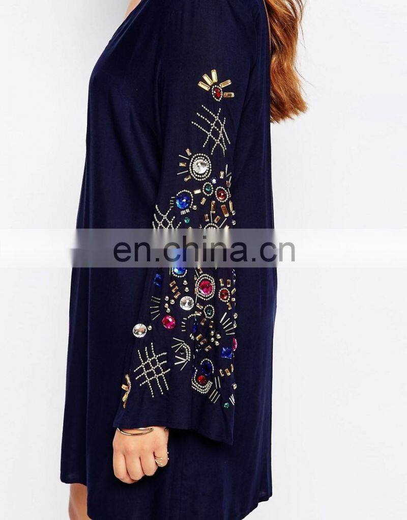 New trendy women wholesale V neck blouse with sleeve beading design