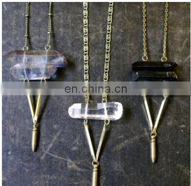 2015 Latest Design Clear Agate Natural stone Brass Boho Pendant Necklace