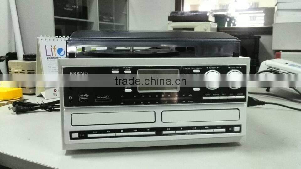 Double CD turntable player,encoding vinyl player,CD recording turntable with cassette and radio