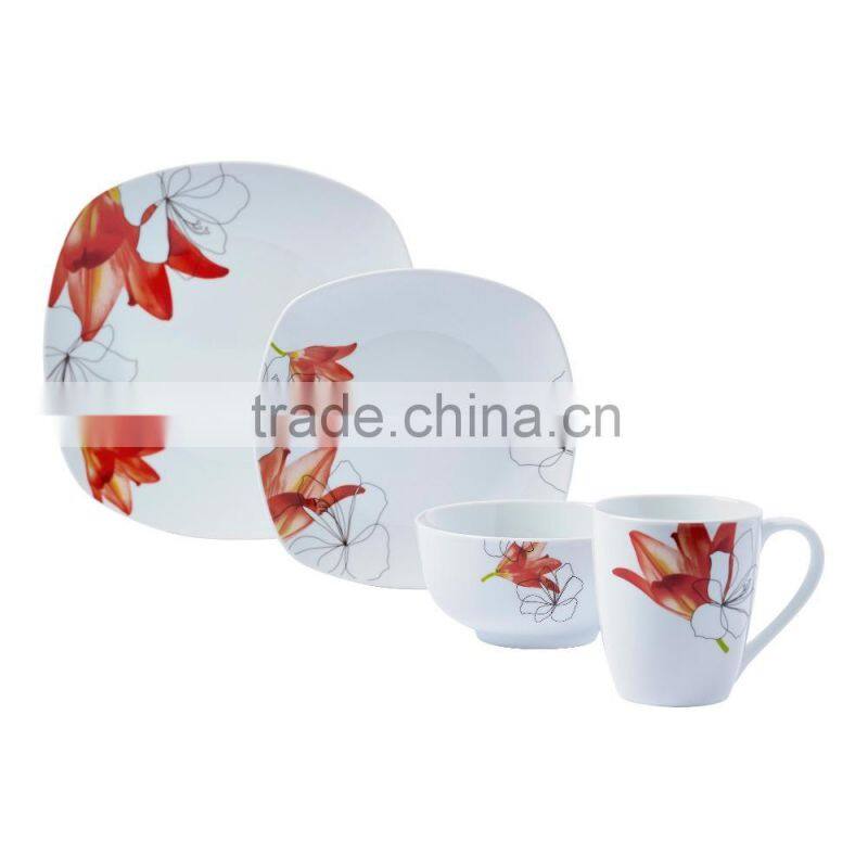 unbreakable square shape dinner plate set with cheap price porcelain square shape dinner set with decal