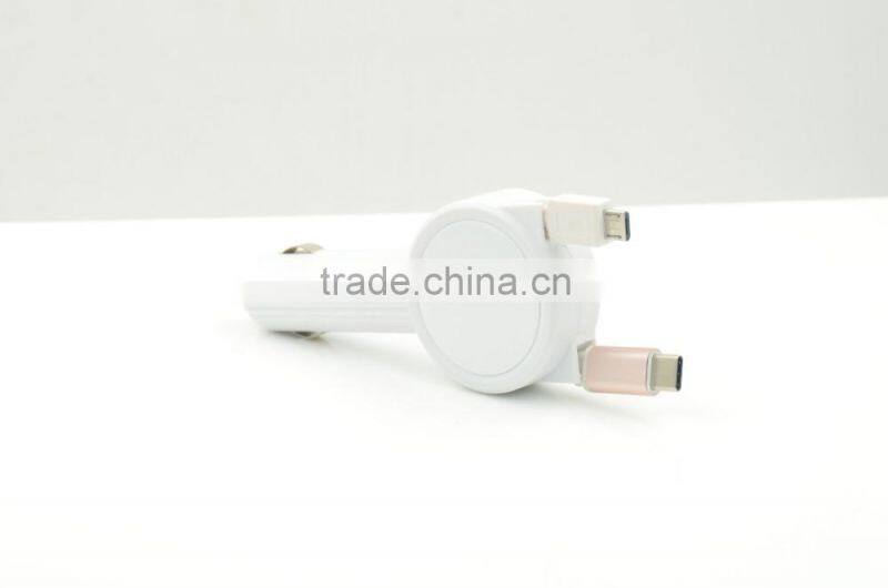 New design protable 3.1A car battery charger with double retractable built-in cable for iphone/samsung/Type-C/htc/blackberry