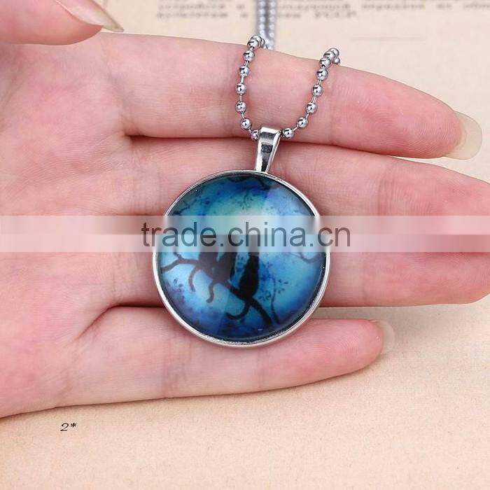 Round crystal pendant black cat and branch charm Light in the Dark Necklace