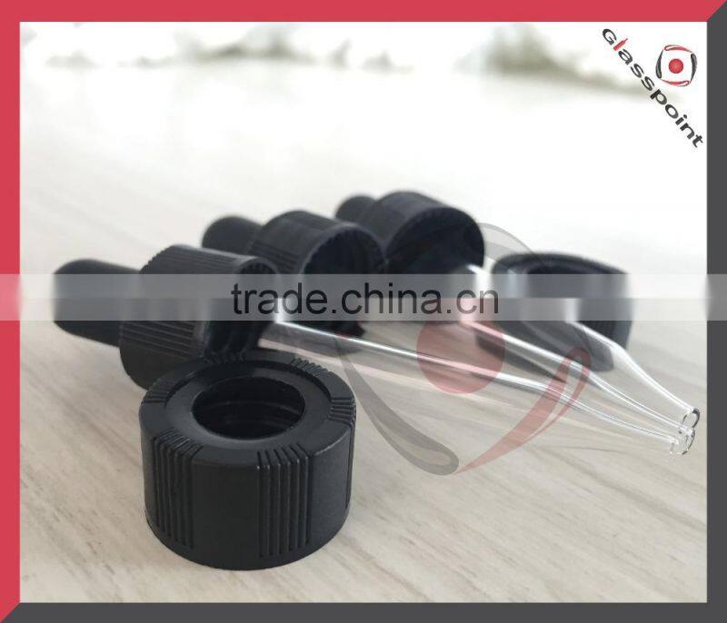 High quality glass dropper with plastic cap, glass pipette, black rubber bulb