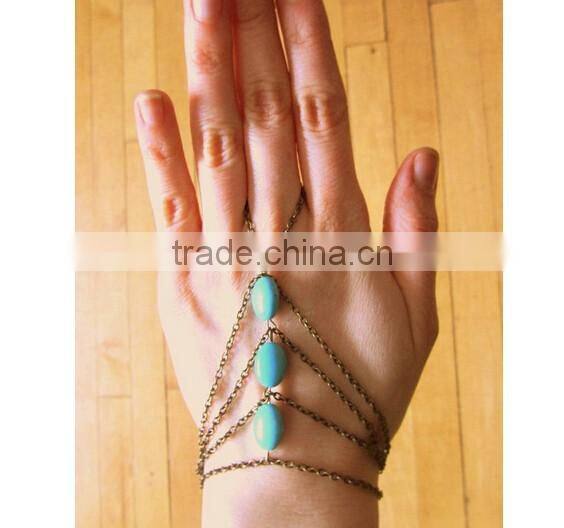 Trendy Boho Finger Ring Turquoise Harness Slave Chain Hand Bracelet