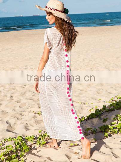 Dresses latest women girl design fashion photos White Pom-pom Decorated Short Sleeve long Dress