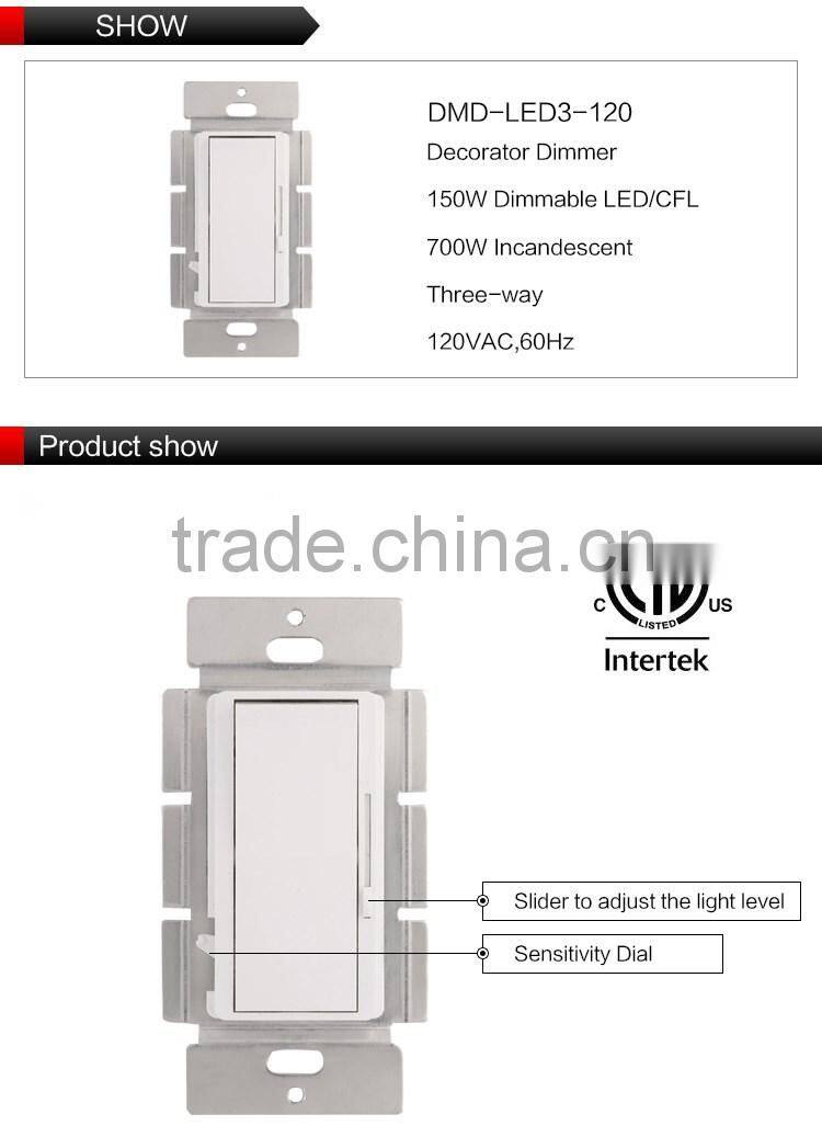 120v 60HZ single pole/three way decorator CFL/ led dimmer LED light switch with night light