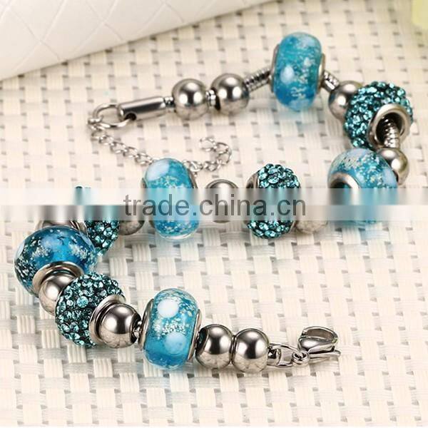 Fashion Women Blue Glass Stainless Steel Necklace And Bracelet Jewelry Sets